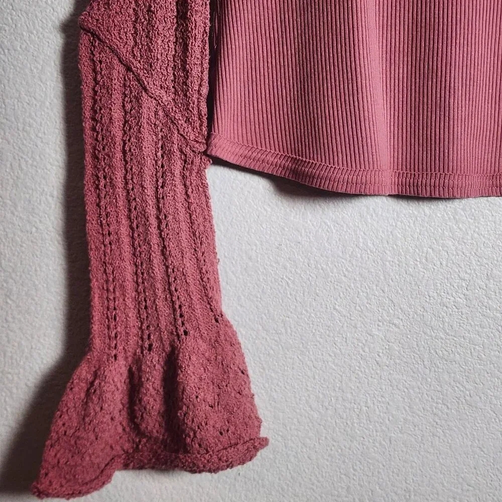 Free People Shirt Womens Large Pink Crochet Bell Sleeve Boho Knit Top
